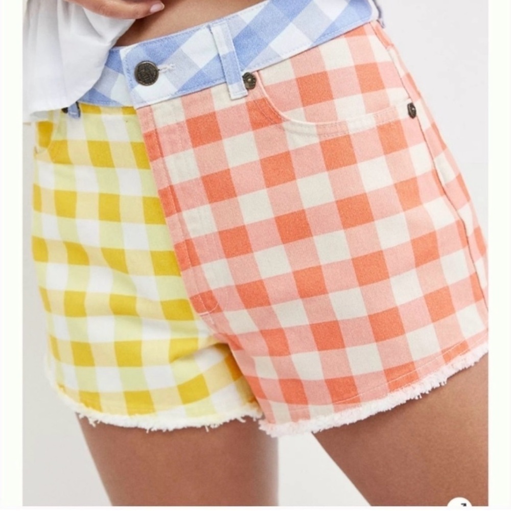 Farm Rio x Anthropologie Yellow and Orange Gingham Jean Shorts